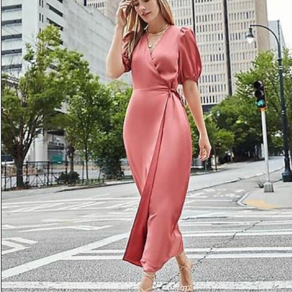 Express satin puff sleeve belted wrap maxi dress - coral blush Size Medium